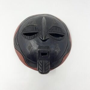 Hand Carved African Tribal Mask Wood Wall Hanging Black Brown Round Folk Art 10"